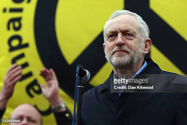 Labour Leader Jeremy Corbyn speaks to the crowds from Trafalgar Square after a 'Stop Trident' march though central London on February 27, 2016 in...