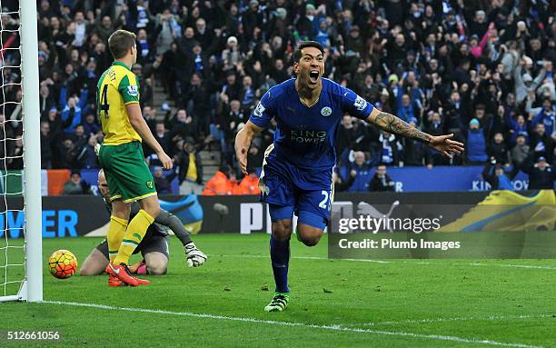 Leonardo Ulloa of Leicester City celebrates after scoring to make it 1-0 during Barclays Premier League match between Leicester City and Norwich City...