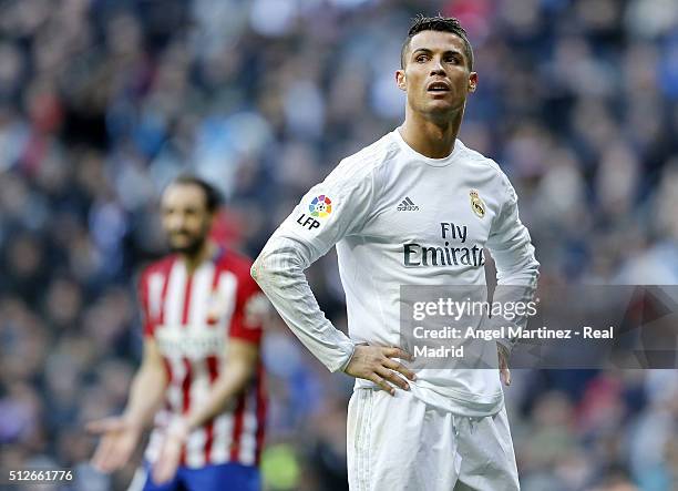 Cristiano Ronaldo of Real Madrid reacts during the La Liga match between Real Madrid CF and Club Atletico de Madrid at Estadio Santiago Bernabeu on...