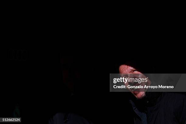 Head coach Diego Pablo Simeone of Atletico de Madrid looks up sitted on the bench prior to start the La Liga match between Real Madrid CF and Club...