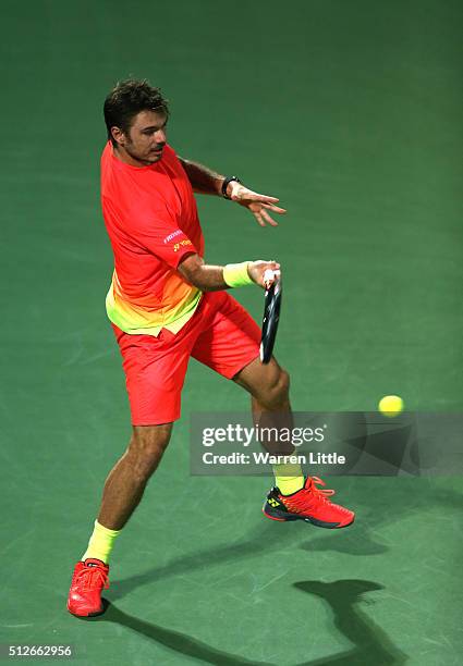 Stan Wawrinka of Switzerland in action against Marcos Baghdatis of Cyrus in the final of the ATP Dubai Duty Free Tennis Championship at the Dubai...