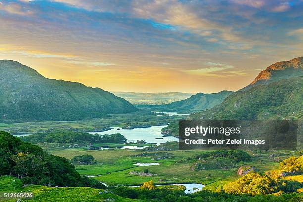 landscape in ireland along the ring of kerry, view from the ladies view, killarney national park - killarney lake stock pictures, royalty-free photos & images
