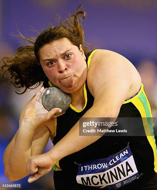 Sophie McKinna in action during the Womens Shot Putt Final during day one of the Indoor British Championships at English Institute of Sport on...