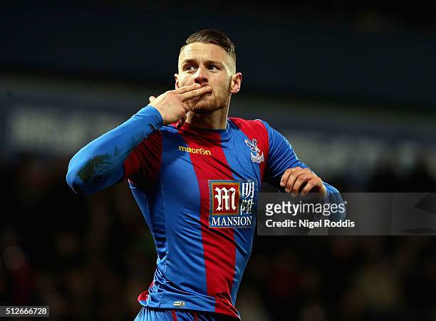 Connor Wickham of Crystal Palace celebrates scoring his team's first goal during the Barclays Premier League match between West Bromwich Albion and...