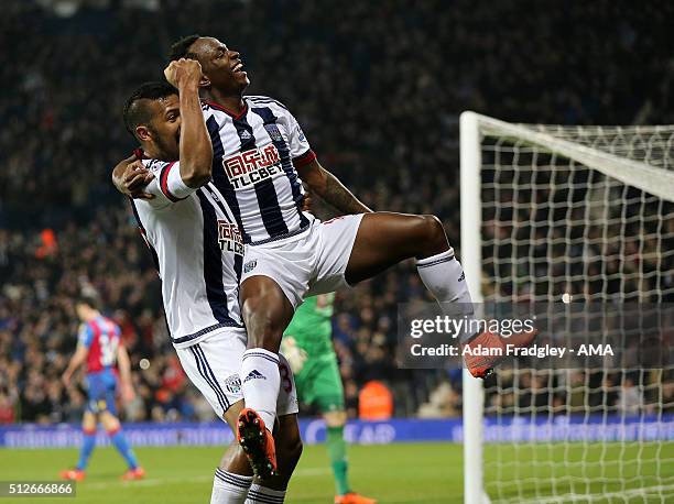 Saido Berahino of West Bromwich Albion celebrates after scoring a goal to make it 3-0 with Salomon Rondon during the Barclays Premier League match...