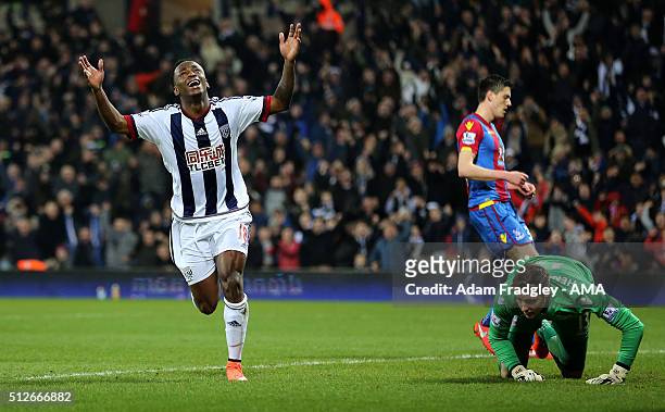 Saido Berahino of West Bromwich Albion celebrates after scoring a goal to make it 3-0 during the Barclays Premier League match between West Bromwich...