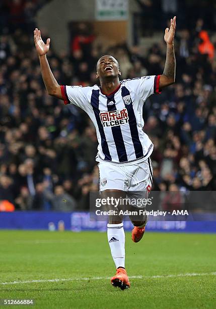 Saido Berahino of West Bromwich Albion celebrates after scoring a goal to make it 3-0 during the Barclays Premier League match between West Bromwich...