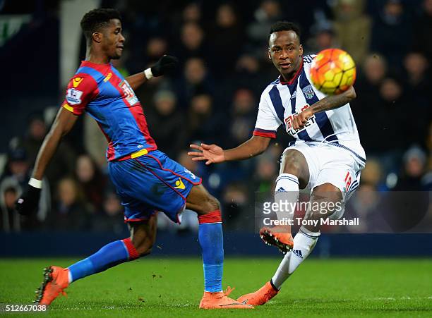 Saido Berahino of West Bromwich Albion shoots at goal hitting a cross bar during the Barclays Premier League match between West Bromwich Albion and...