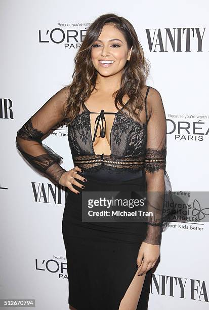 Bethany Mota arrives at the Vanity Fair pre-Oscar party held at Palihouse Holloway on February 26, 2016 in West Hollywood, California.