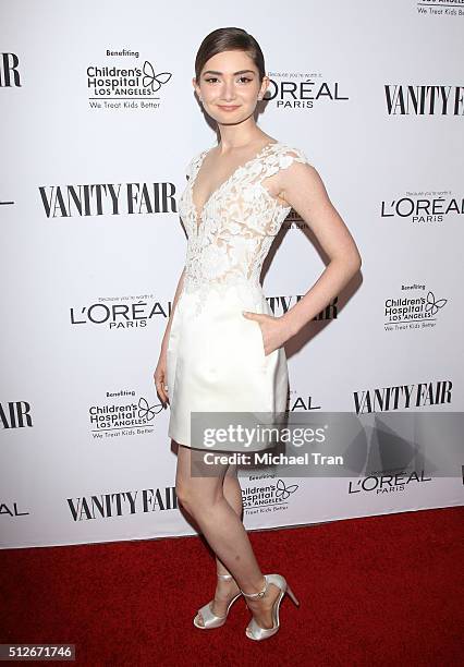 Emily Robinson arrives at the Vanity Fair pre-Oscar party held at Palihouse Holloway on February 26, 2016 in West Hollywood, California.