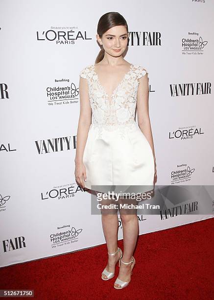 Emily Robinson arrives at the Vanity Fair pre-Oscar party held at Palihouse Holloway on February 26, 2016 in West Hollywood, California.