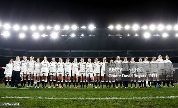 The England team sing their national anthem prior to kickoff during the Women's Six Nations match between England and Ireland at Twickenham Stadium...
