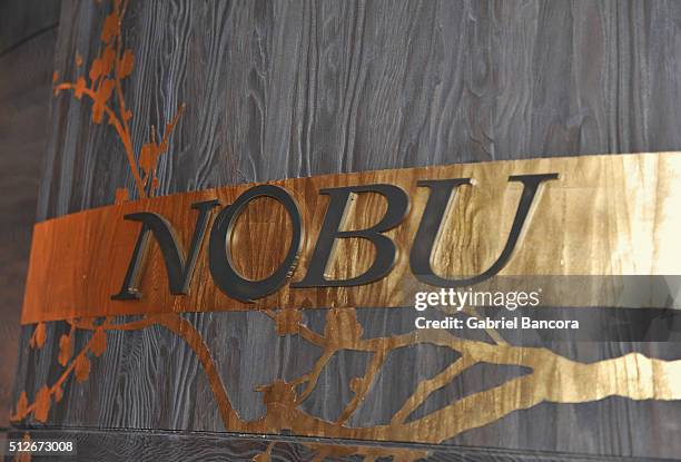Nobu signage on display at A Lunch Hosted By Nobu Matsuhisa And Jose Garces during 2016 Food Network & Cooking Channel South Beach Wine & Food...