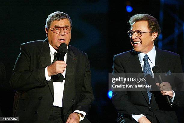 Comedian Jerry Lewis and singer Steve Lawrence appear on the 39th Annual Jerry Lewis MDA Labor Day Telethon on September 6, 2004 at CBS Television...