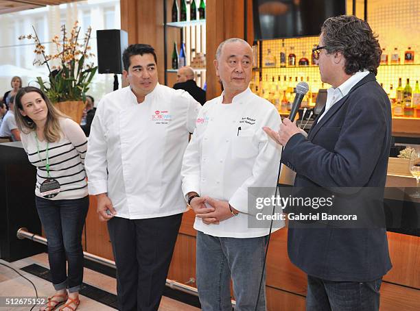 Chefs Jose Garces and Nobu Matsuhisa and Pascal Jolivet speak at A Lunch Hosted By Nobu Matsuhisa And Jose Garces during 2016 Food Network & Cooking...