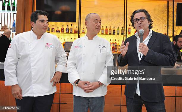 Chefs Jose Garces and Nobu Matsuhisa and Pascal Jolivet speak at A Lunch Hosted By Nobu Matsuhisa And Jose Garces during 2016 Food Network & Cooking...