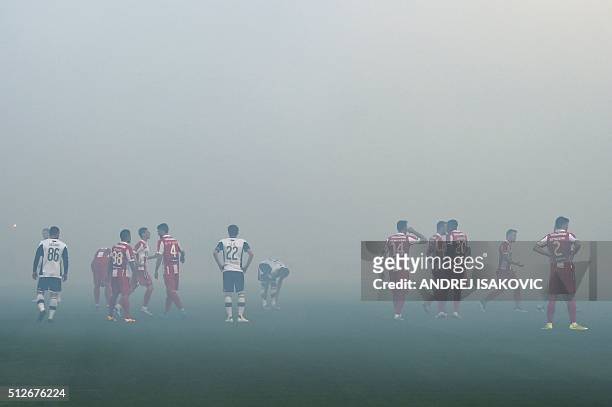 Players wait for the smoke disperses from the pitch after supporters burnt torches during the Serbian National soccer league derby match between...
