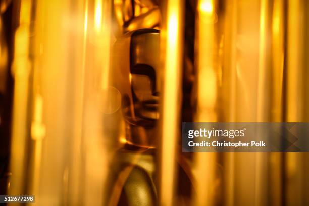 Oscar statuette is seen onstage during rehearsals for the 88th Annual Academy Awards at Dolby Theatre on February 27, 2016 in Hollywood, California.