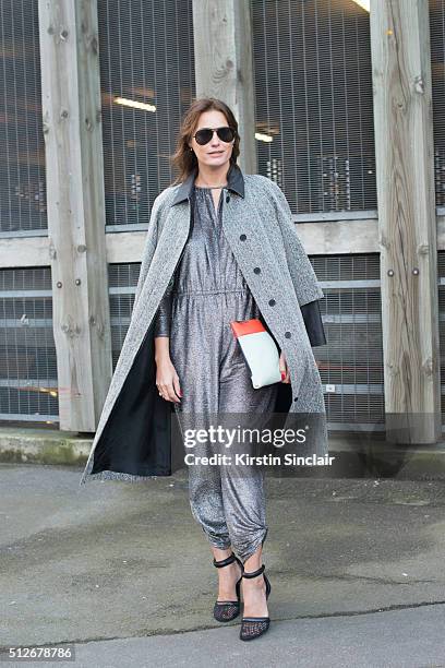 Supermodel Yasmin Le Bon wears Alexander Wang and a Chanel bag on day 4 during London Fashion Week Autumn/Winter 2016/17 on February 22, 2016 in...