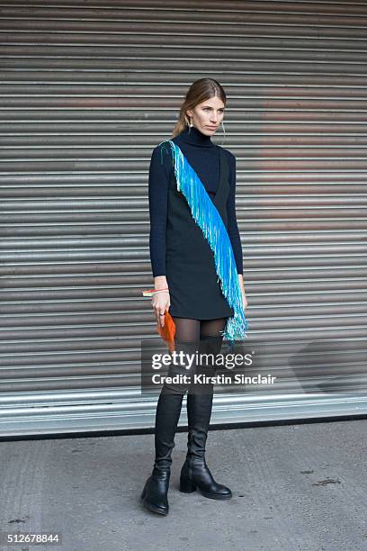 Fashion consultant and Hey-Woman.com founder Veronika Heilbrunner wears all Christopher Kane on day 4 during London Fashion Week Autumn/Winter...