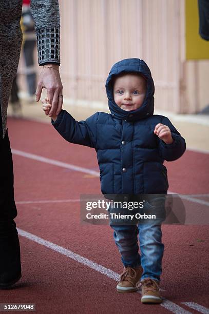 Princess Charlene of Monaco and Prince Jacques of Monaco attend the 6th Sainte Devote Rugby Tournament at Stade Louis II on February 27, 2016 in...