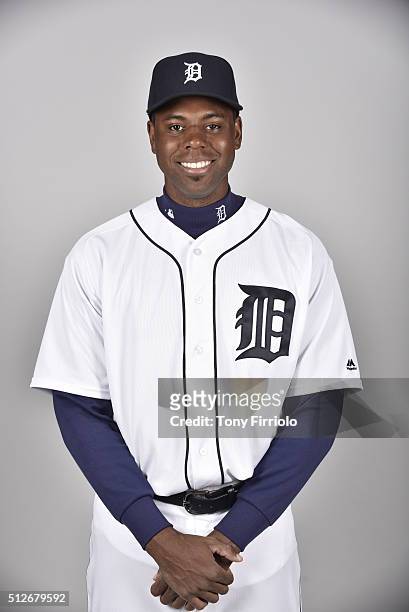 John Mayberry Jr. #64 of the Detroit Tigers poses during Photo Day on Saturday, February 27, 2016 at Joker Marchant Stadium in Lakeland, Florida.