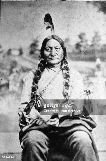 Portrait shows the chief of the Sioux tribe Sitting Bull , known as Tatanka Iyotake to his people, as he sits in Bismarck, North Dakota, 1881....