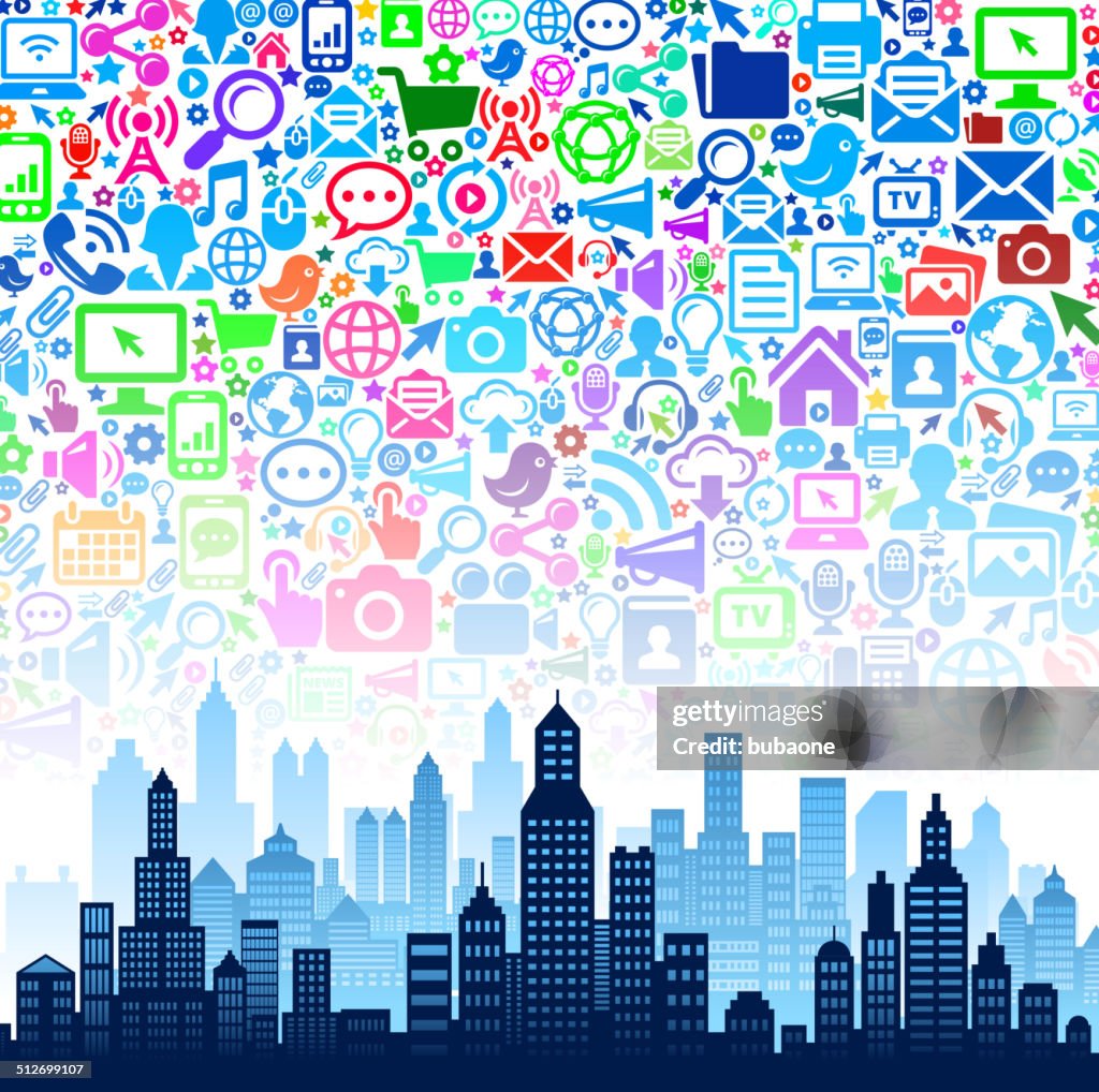 City Buildings on Modern Tech & Communication Background