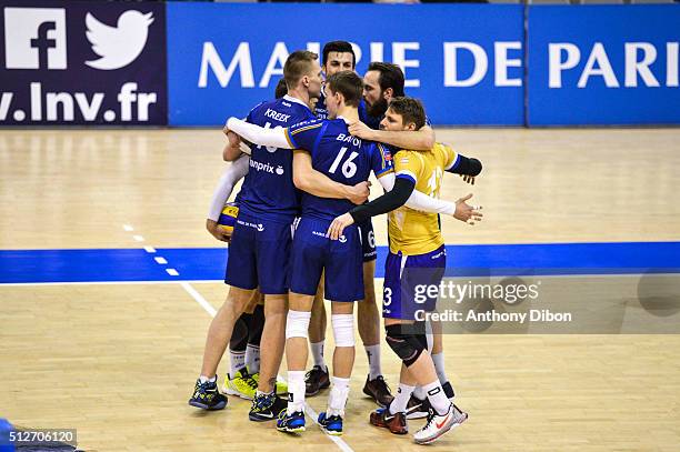 Team of Paris during the French Ligue A match between Paris Volley v Cannes at Salle Pierre Charpy on February 27, 2016 in Paris, France.