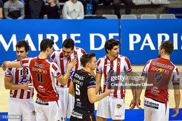 Team of Cannes during the French Ligue A match between Paris Volley v Cannes at Salle Pierre Charpy on February 27, 2016 in Paris, France.