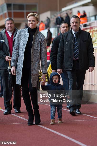 Princess Charlene of Monaco and Prince Jacques of Monaco attend the 6th Sainte Devote Rugby Tournament at Stade Louis II on February 27, 2016 in...