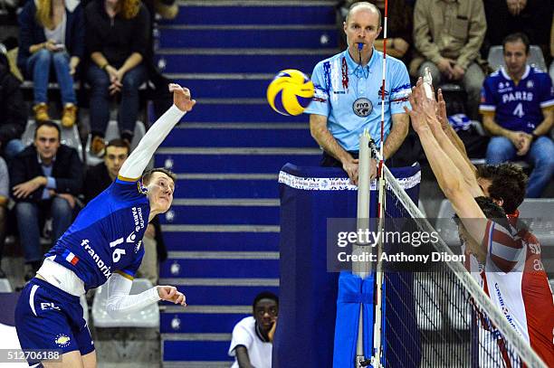 Dmitrii Bahov of Paris during the French Ligue A match between Paris Volley v Cannes at Salle Pierre Charpy on February 27, 2016 in Paris, France.