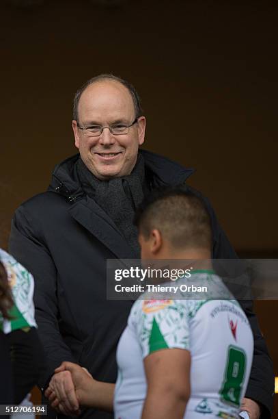 Prince Albert II of Monaco attends the 6th Sainte Devote Rugby Tournament at Stade Louis II on February 27, 2016 in Monaco, Monaco.