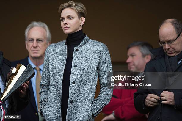 Princess Charlene of Monaco and Prince Albert II attend the 6th Sainte Devote Rugby Tournament at Stade Louis II on February 27, 2016 in Monaco,...