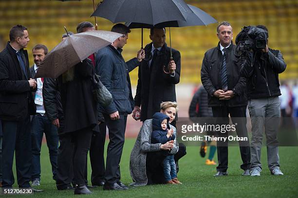 Princess Charlene of Monaco and Prince Jacques attend the 6th Sainte Devote Rugby Tournament at Stade Louis II on February 27, 2016 in Monaco, Monaco.
