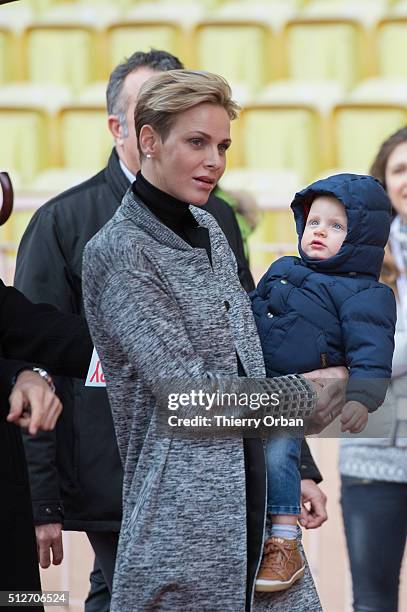 Princess Charlene of Monaco and Prince Jacques attend the 6th Sainte Devote Rugby Tournament at Stade Louis II on February 27, 2016 in Monaco, Monaco.