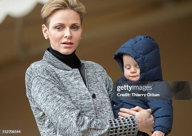 Princess Charlene of Monaco and Prince Jacques attend the 6th Sainte Devote Rugby Tournament at Stade Louis II on February 27, 2016 in Monaco, Monaco.