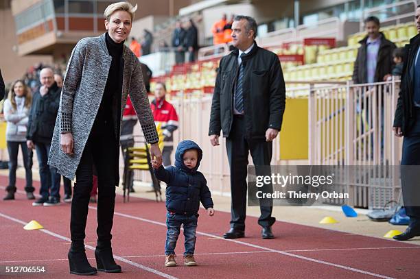 Princess Charlene of Monaco and Prince Jacques of Monaco attend the 6th Sainte Devote Rugby Tournamentat Stade Louis II on February 27, 2016 in...