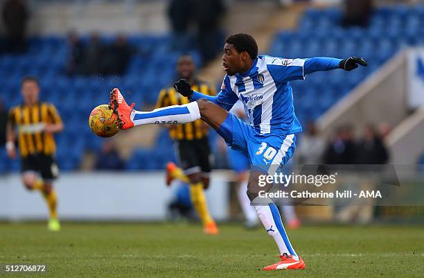 Nathan Oduwa of Colchester United during the Sky Bet League One match between Colchester United and Shrewsbury Town at the Colchester Community...
