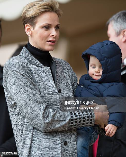 Princess Charlene of Monaco and Prince Jacques attend the 6th Sainte Devote Rugby Tournament at Stade Louis II on February 27, 2016 in Monaco, Monaco.