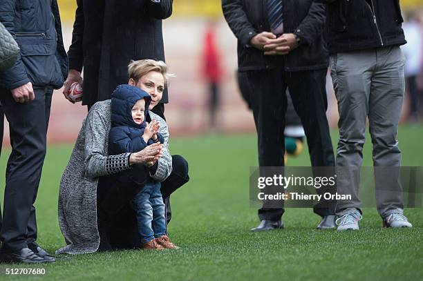 Princess Charlene of Monaco and Prince Jacques attend the 6th Sainte Devote Rugby Tournamentat Stade Louis II on February 27, 2016 in Monaco, Monaco.