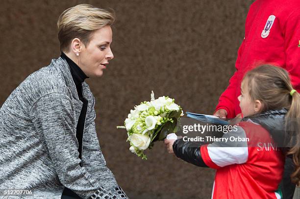 Princess Charlene of Monaco attends the 6th Sainte Devote Rugby Tournament at Stade Louis II on February 27, 2016 in Monaco, Monaco.