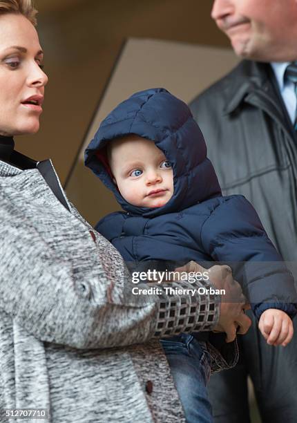 Princess Charlene of Monaco and Prince Jacques attend the 6th Sainte Devote Rugby Tournament at Stade Louis II on February 27, 2016 in Monaco, Monaco.