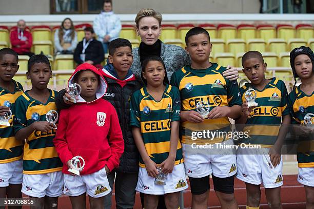 Princess Charlene of Monaco attends the 6th Sainte Devote Rugby Tournament at Stade Louis II on February 27, 2016 in Monaco, Monaco.