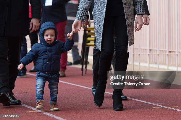 Princess Charlene of Monaco and Prince Jacques attend the 6th Sainte Devote Rugby Tournament at Stade Louis II on February 27, 2016 in Monaco, Monaco.