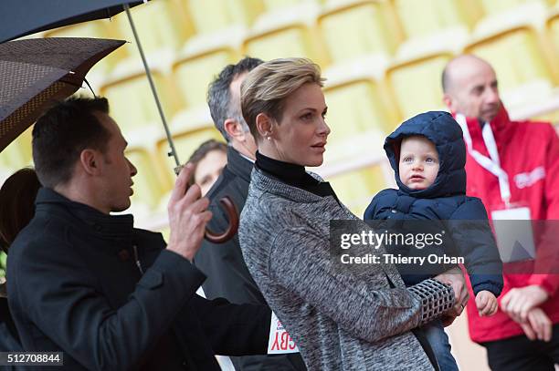 Princess Charlene of Monaco and Prince Jacques of Monaco attend the 6th Sainte Devote Rugby Tournamentat Stade Louis II on February 27, 2016 in...