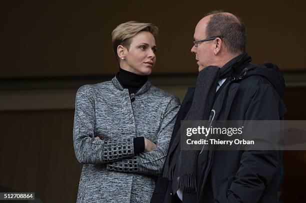 Princess Charlene of Monaco and Prince Albert II attend the 6th Sainte Devote Rugby Tournament at Stade Louis II on February 27, 2016 in Monaco,...