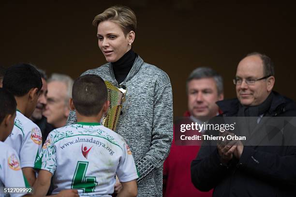Princess Charlene of Monaco and Prince Albert II attend the 6th Sainte Devote Rugby Tournament at Stade Louis II on February 27, 2016 in Monaco,...