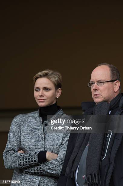 Princess Charlene of Monaco and Prince Albert II attend the 6th Sainte Devote Rugby Tournament at Stade Louis II on February 27, 2016 in Monaco,...