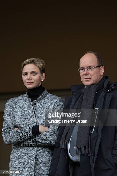 Princess Charlene of Monaco and Prince Albert II attend the 6th Sainte Devote Rugby Tournament at Stade Louis II on February 27, 2016 in Monaco,...